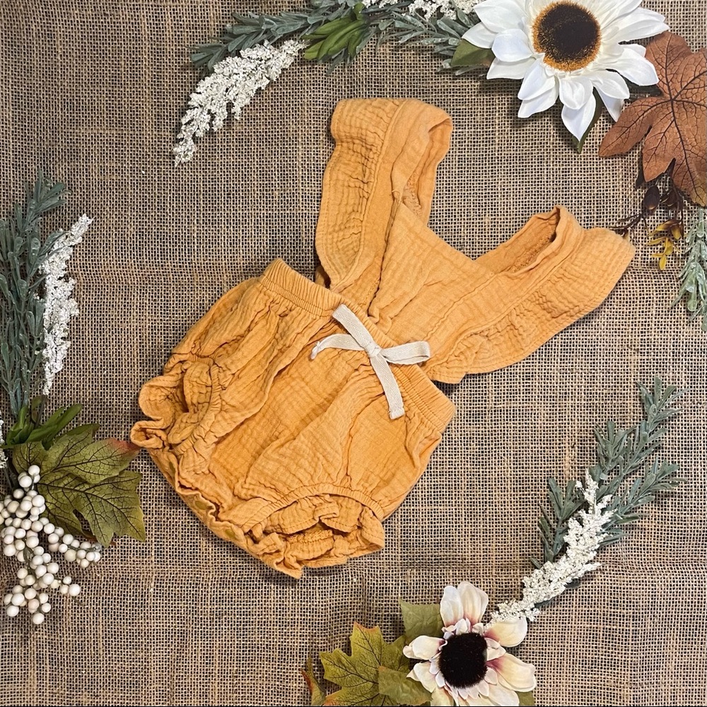 Boutique Crepe Blend Cotton Muslin Ruffle Sleeve Tieback Romper in Ginger